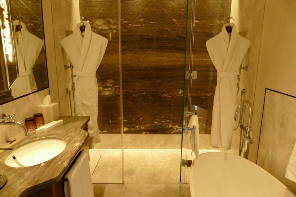 Im Haus, Wand, Installationszubehör, Badezimmerzubehör, Waschbecken, Hahn, Badezimmer, Badewanne, Wasserleitung, Kachel, Spiegel, Dusche, Toilette, Person, stehend, Hotel