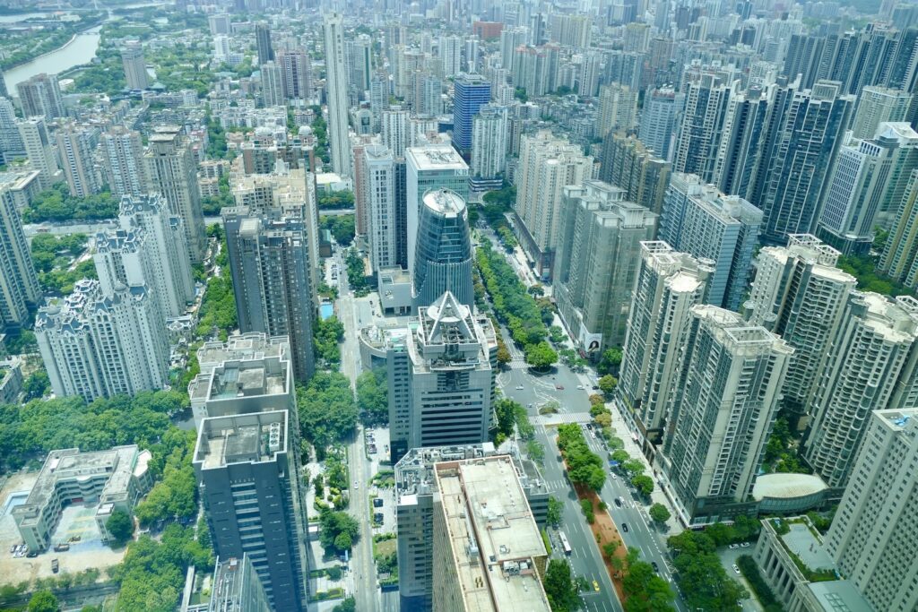 Metropolregion, Stadtgebiet, Metropole, Hochhaus, draußen, Gebäude, Stadtlandschaft, Luftfotografie, Skyline, Vogelperspektive, Luftbild, Stadtzentrum, Städtebau, Gewerbegebäude, Turm, Wohnungseigentum, Stadt, Wolkenkratzer