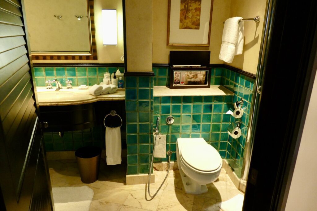 Im Haus, Wand, Installationszubehör, Badezimmerzubehör, Kachel, Badezimmer, Wasserleitung, Hahn, Spiegel, Waschbecken, Toilette, Bidet, Dusche, Toilettensitz, Boden, gekachelt