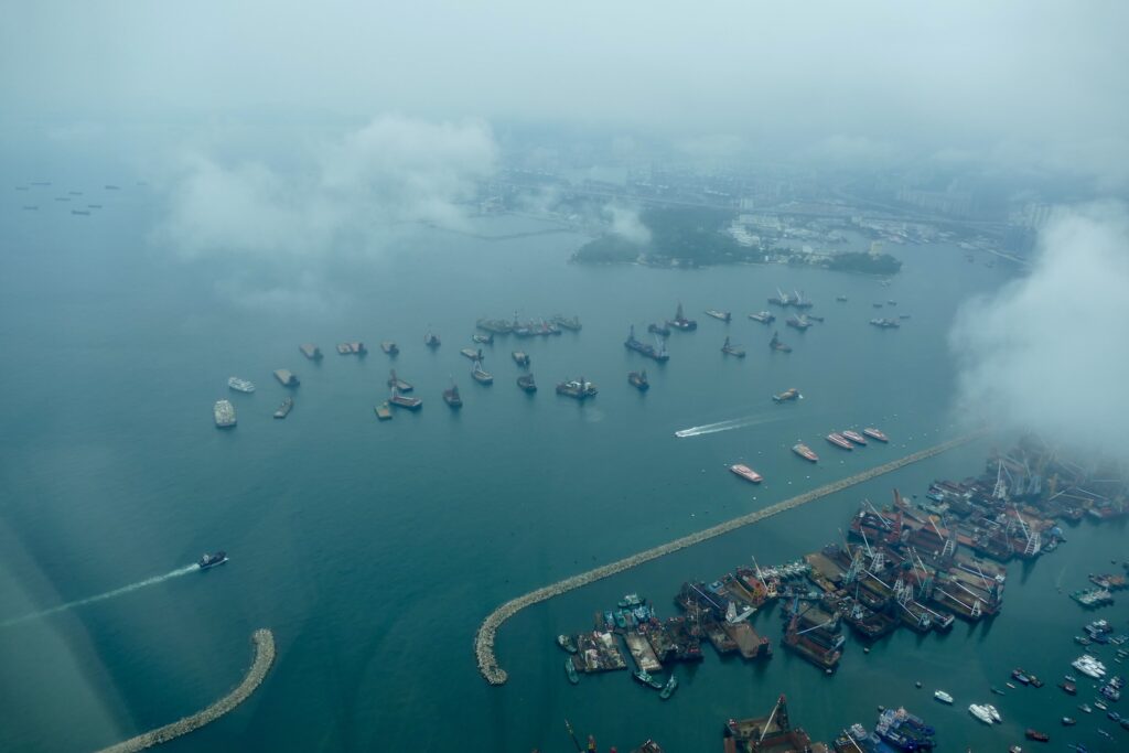 draußen, Luftfotografie, Nebel, Wasser, Wolke, Vogelperspektive, Schiff, Luftbild