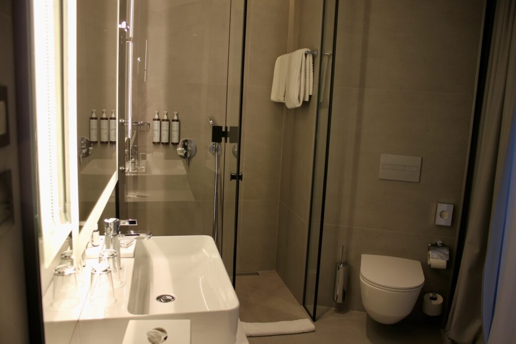 Im Haus, Installationszubehör, Wand, Badezimmerzubehör, Wasserleitung, Hahn, Badezimmer, Waschbecken, Kachel, Toilette, Zimmer, weiß, Spiegel, Dusche, Hotel