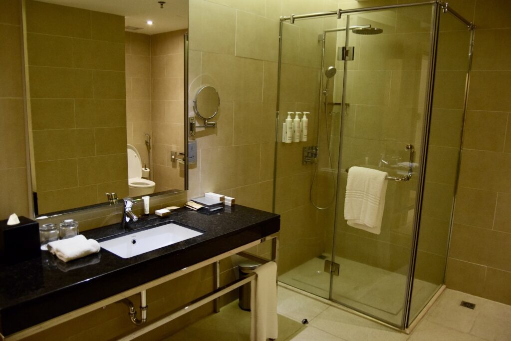 Im Haus, Wand, Badezimmer, Installationszubehör, Badezimmerzubehör, Hahn, Kachel, Wasserleitung, Boden, Spiegel, Waschbecken, Handtuch, Hotel, Zimmer, Toilette, Dusche